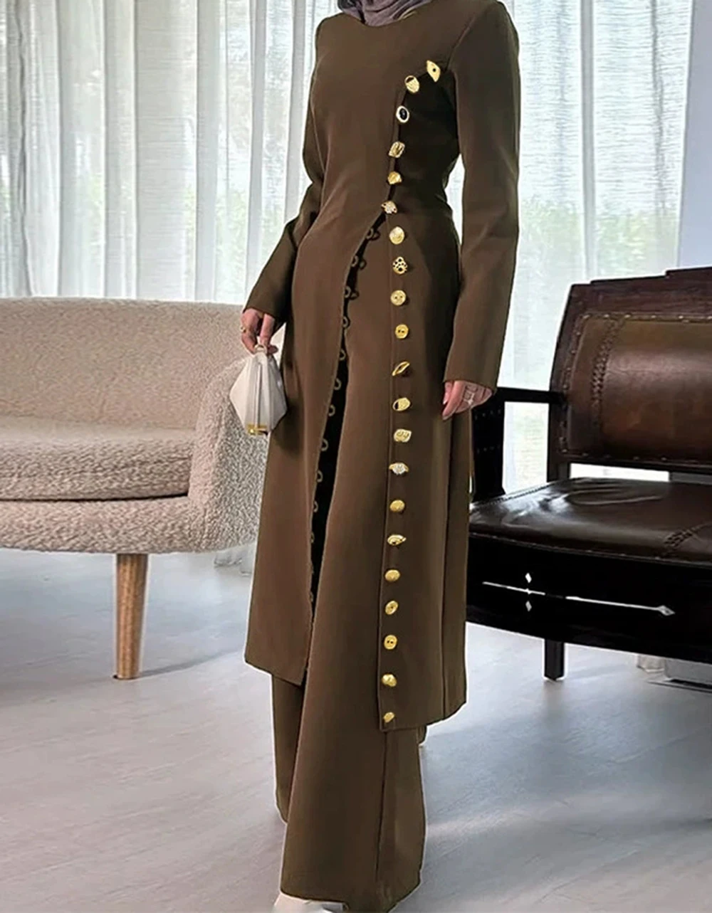 

European and American elegant round neck slim long skirt 2025 autumn new long sleeve slit high-end single-breasted dress-GZXX948