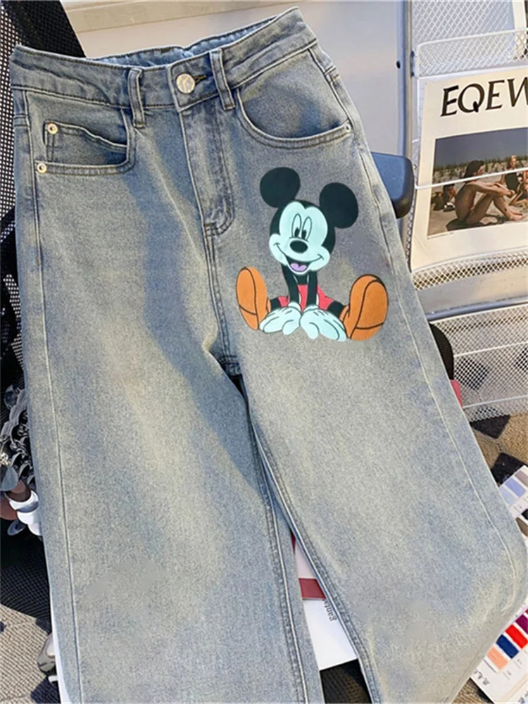 アメリカンレトロ ライトブルー ミエイプリント カジュアルジーンズ ルーズフィット ハイウエスト ロングパンツ 夏用 高級感 多用途