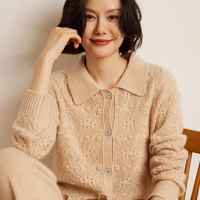 French Women Vintage Elegant V-neck Hollow Out Cardigan 100% Cashmere Sweater Autumn Fashion Single Breasted Knit Tops Trend