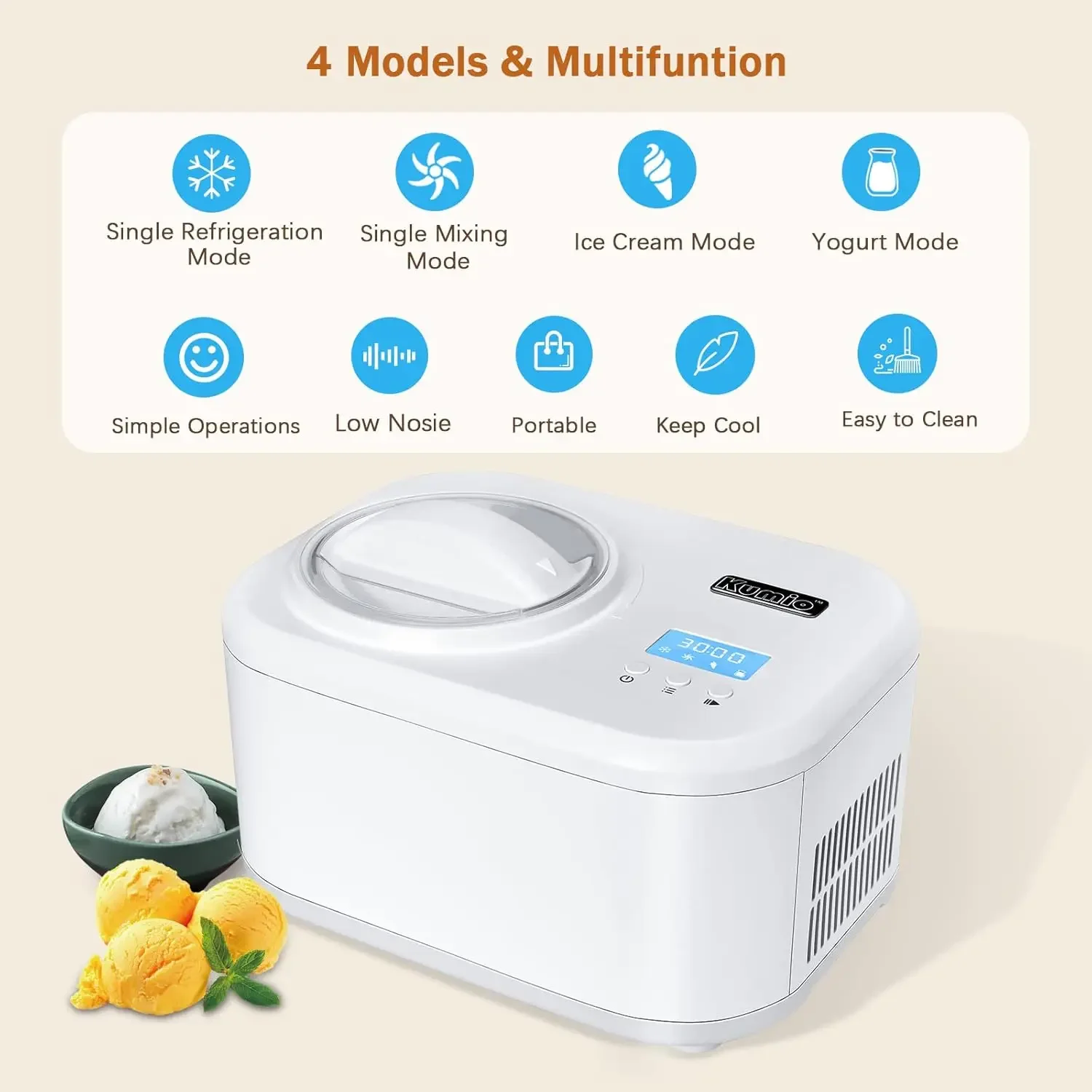 1.2-Quart Automatic Ice Cream Maker with Compressor, No Pre-freezing, 4 Modes Frozen Yogurt Machine with LCD Display & Timer, El