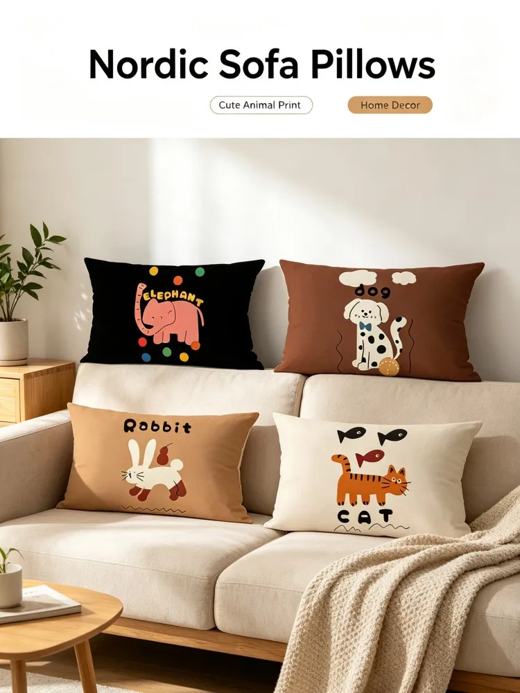 Cartoon Animal Lumbar Pillow Covers Elephant Dog Rabbit Cat Rectangle Cushion Cover Decorative Pillowcase For Children Sofa Bedr