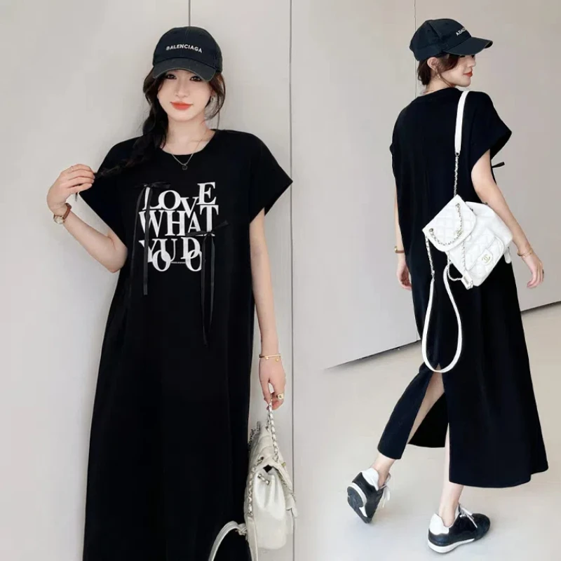 ルーズブラックドレス 2025 夏プラスサイズの女性の Tシャツドレス弓半袖女性ローブプリントレターカジュアル Vestido KE6813