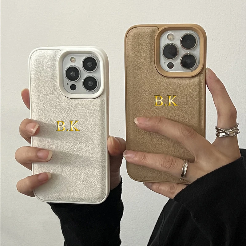 DIY Engraved Personalized Customized Initials Case For iPhone 16 15 14 13 Pro Max 12 Pro Cover Luxury Korea Leather 15 Pro Max