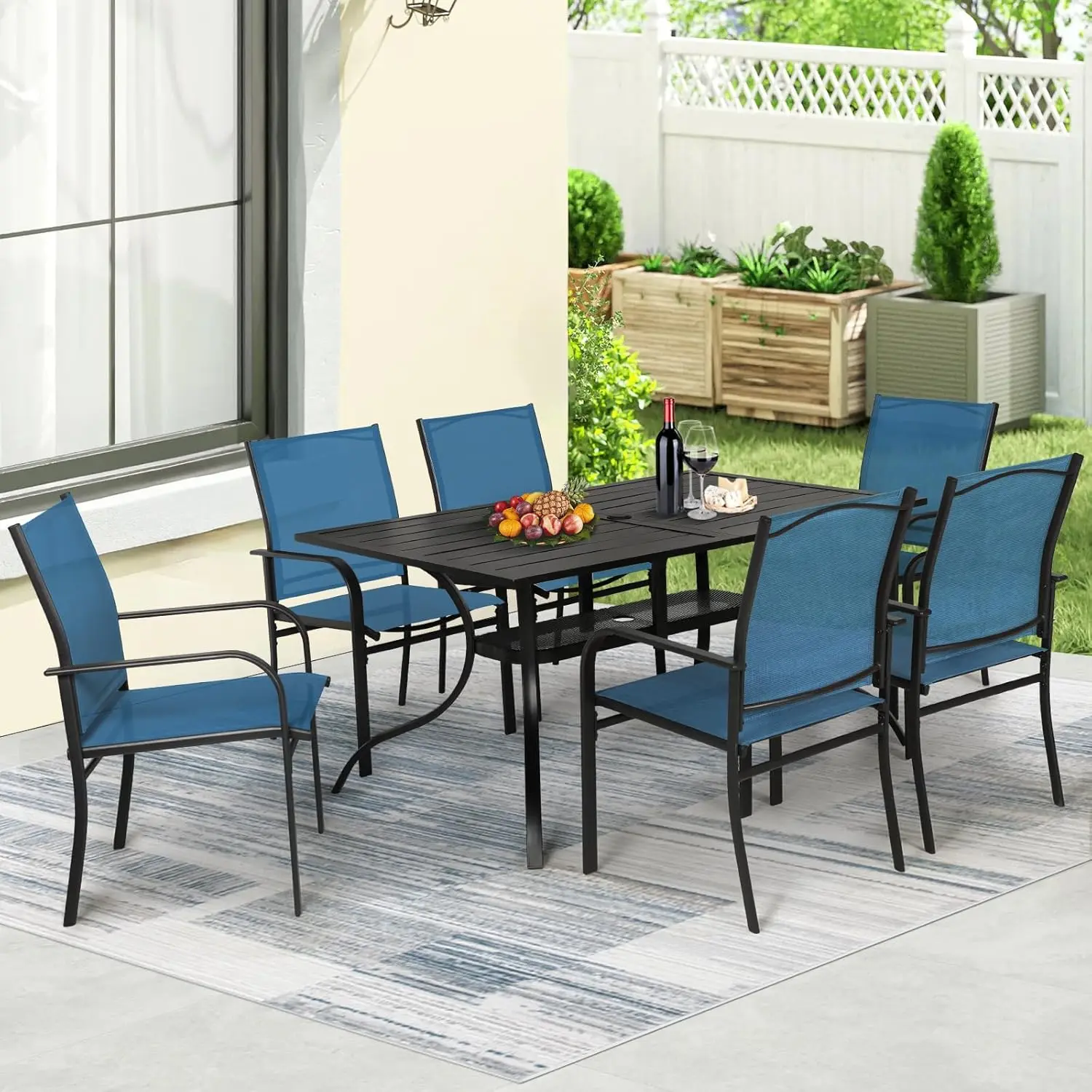

7 Pieces Patio Dining Set 6 Textilene Chairs Rectangle Table Umbrella Hole Outdoor Backyard Garden Poolside Blue