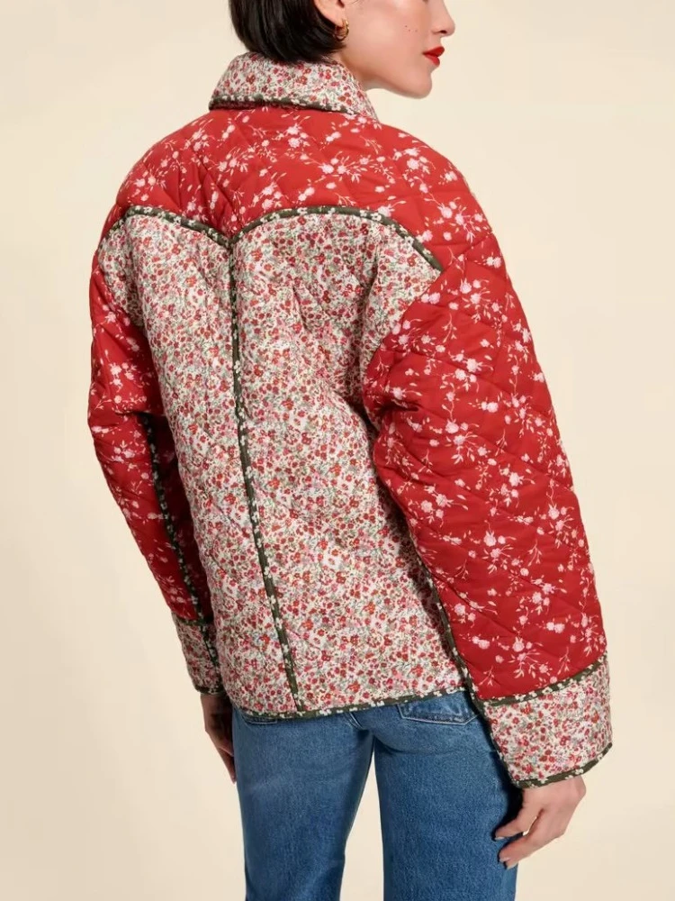 Manteau en coton rembourré à fleurs rouges, revers de couture imprimé, style français, floral adt