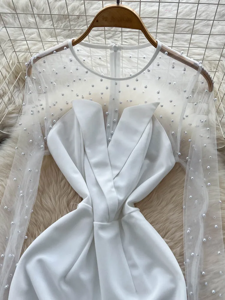 Ele witte avondjurk dames Faion Embellied Long Sve Me zeemeermin Dr hoge taille taps toelopende bodycon zomerpar...