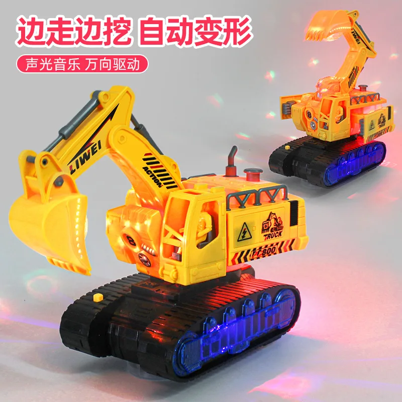 Electric Universal Driving Deformable Excavator Model Auto Transform Engineering Truck with LED Light Music Entertainment  Toy