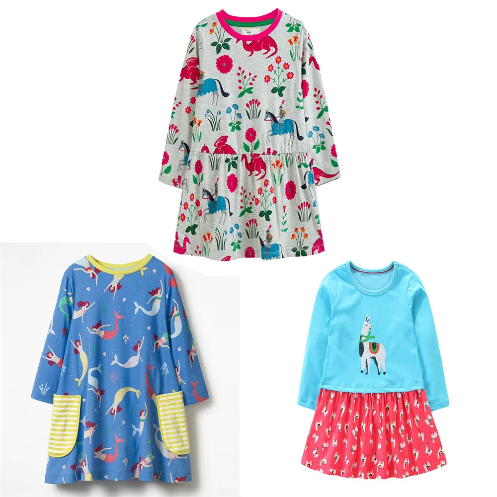Jumping Meters 18M-7T Children's Dresses Hot Selling Cotton Animals Baby Clothes Long Sleeve Princess Kids Frocks Costume