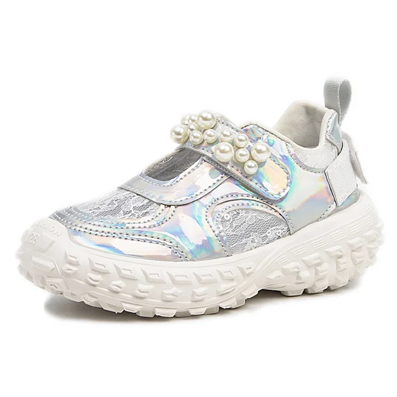 Kids Casual Shoes 2024 Spring Summer Air Mesh Breathable Girls Sneakers with Pearls Beading Bright Skin Shiny Children Shoes New