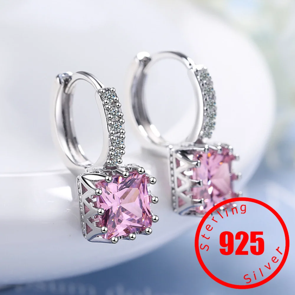 

Stamp 925 Sterling Silver Earrings For Women Luxury Square Cubic Zirconia Chunky Big Earrings Female Bride Wedding Jewelry