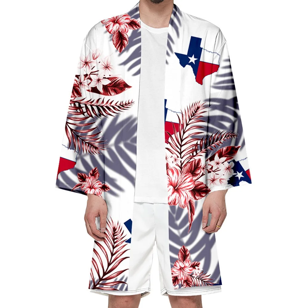 Men\'s Hawaiian Style Japanese Long Kimono Cardigan Summer Floral Puppy Print Casual Cute Haori Asian Traditional Clothing Robe