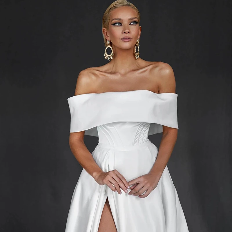 Eightree White A-Line Wedding Dresses 2023 Off The Shoulder Satin Evening Dress High Split Floor Length Wedding Gowns Plus Size