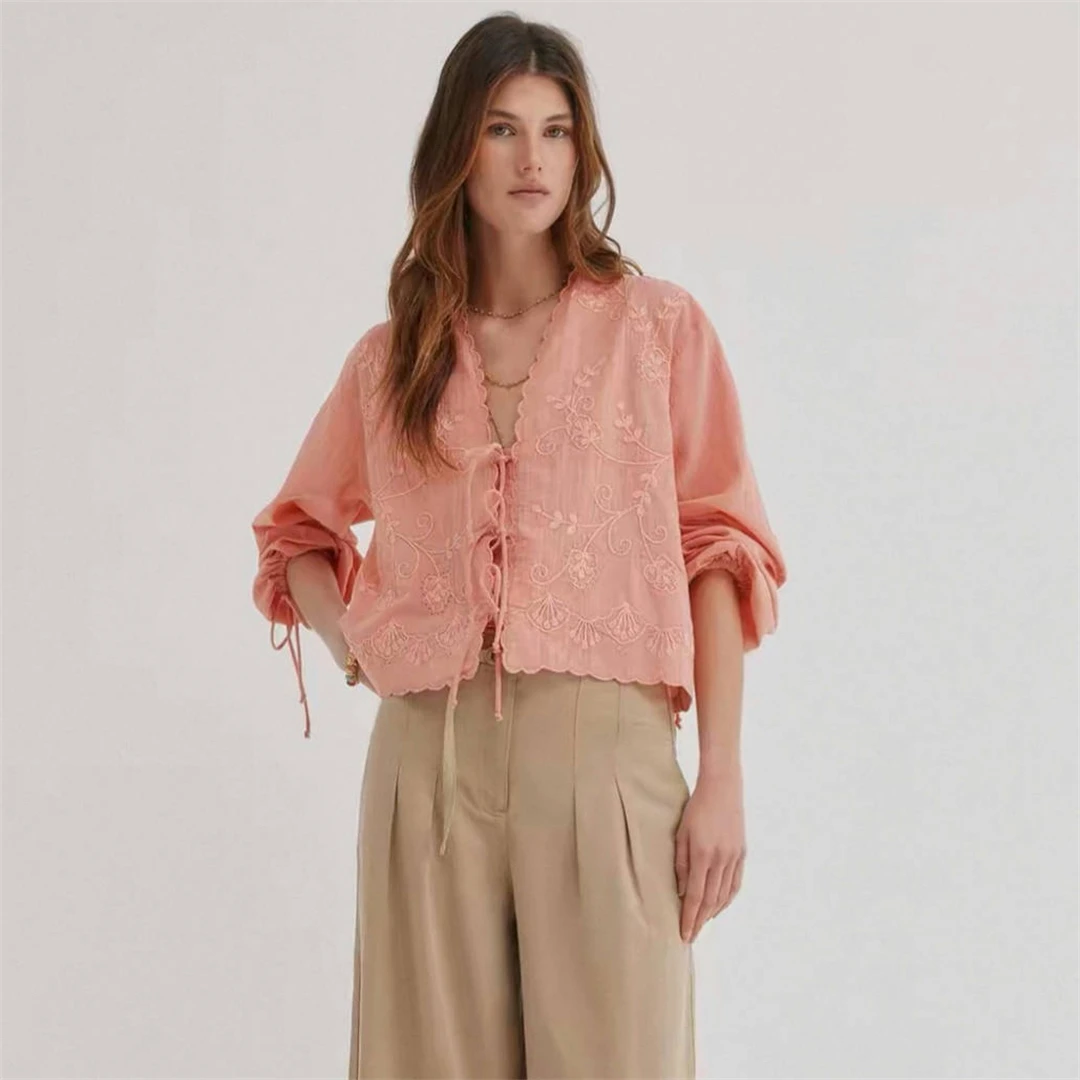 

Sweet Embroidered Bowtie V-neck Pink Shirt French Style Loose Fit Cotton Long Sleeve Breathable Women's Cardigan Spring Summer