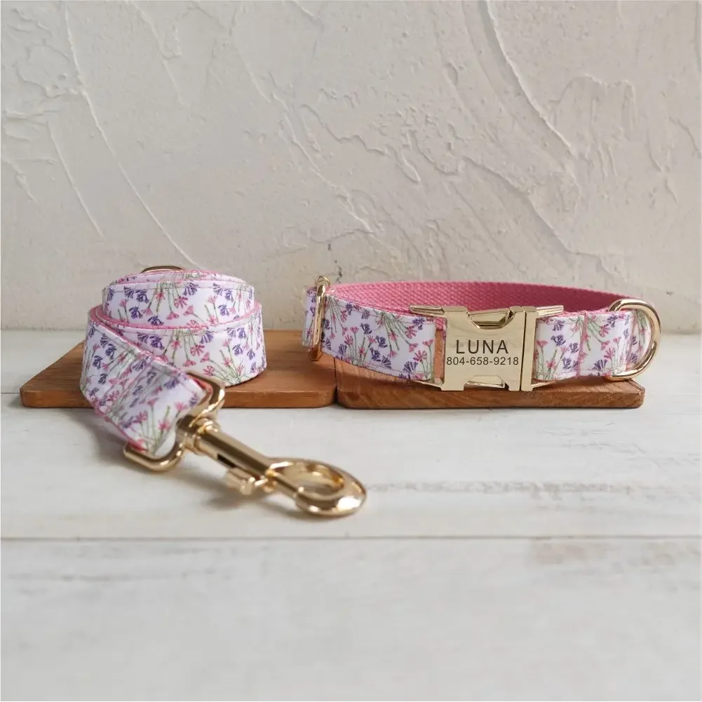 Personalized Dog Collar with Free Engraving, Matching Pet Leash,Customzied Contacts Metal Buckle,Pink Flowers Pet Collar