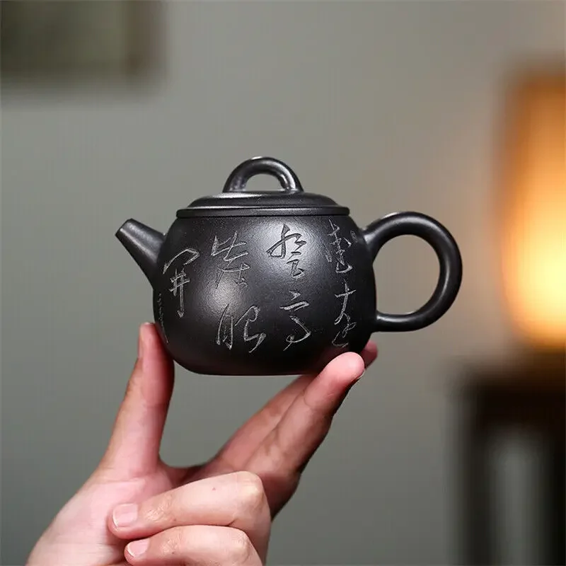 160ml full hand carved tea pot small marked real yixing zisha black clay pots