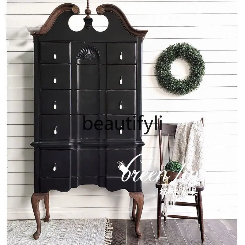 

American retro solid wood side cabinet, old black, French home carved storage cupboard
