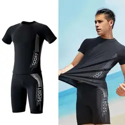 Men Swimsuit O-Neck Short Sleeve Mid-rise Swimming Suit Printing Slim Fit T-shirt Swimming Trucks Set Beachwear Sports Clothes