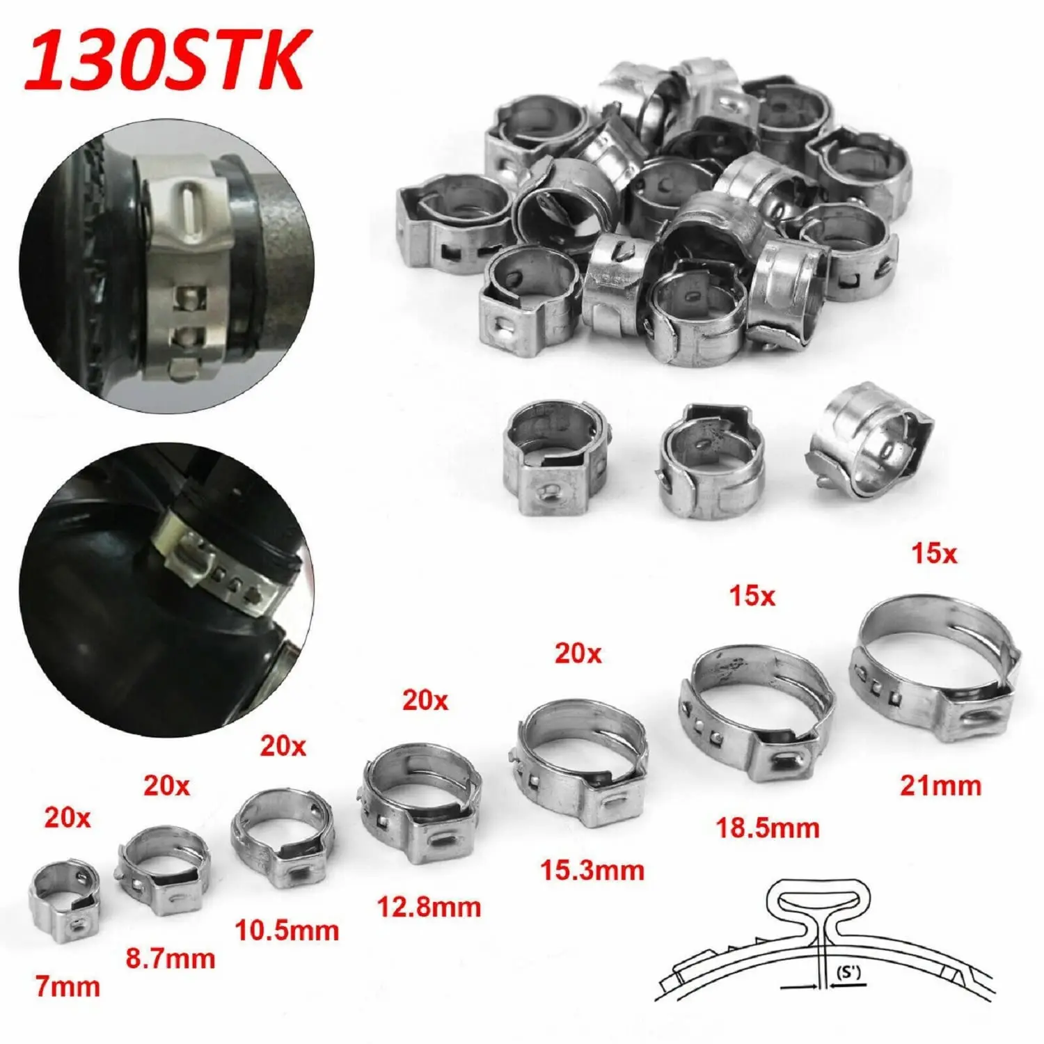 130 ชิ้น 7 ขนาด 304 สแตนเลสสตีลหูเดี่ยวท่อ Clamps 6-21 มิลลิเมตร Crimp ท่อ Clamp Assortment Kit Crimp Pinch Fitting เครื่องมือ