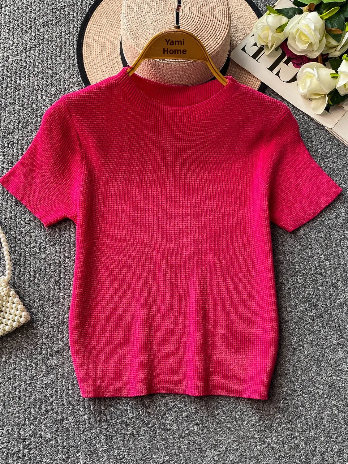 Summer 2025 Women's Elastic Knitted round Neck Short Sleeve T-shirt Loose Fit Versatile Casual Top Elegant Minimalist Design