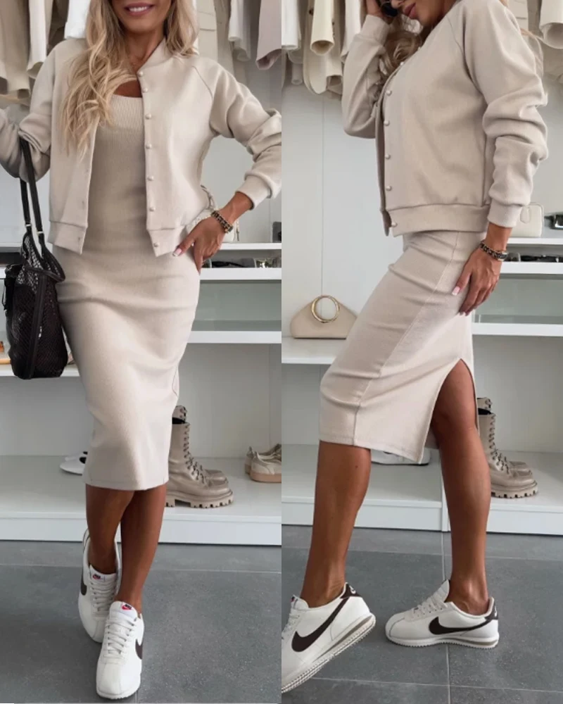

New Fashion 2025 Sexy Elegant 2 Pieces Outfit Square Neck Sleeveless Slit Back Bodycon Dress and Button Front Baseball Coat Set