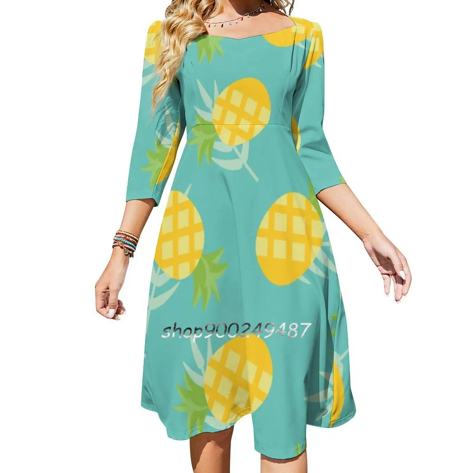 Tropical Muumuu Pineapples Square Neck Dress New Plus Size Elegant Women Waist Tight Dress Pineapple Leaves Leaf Hawaii