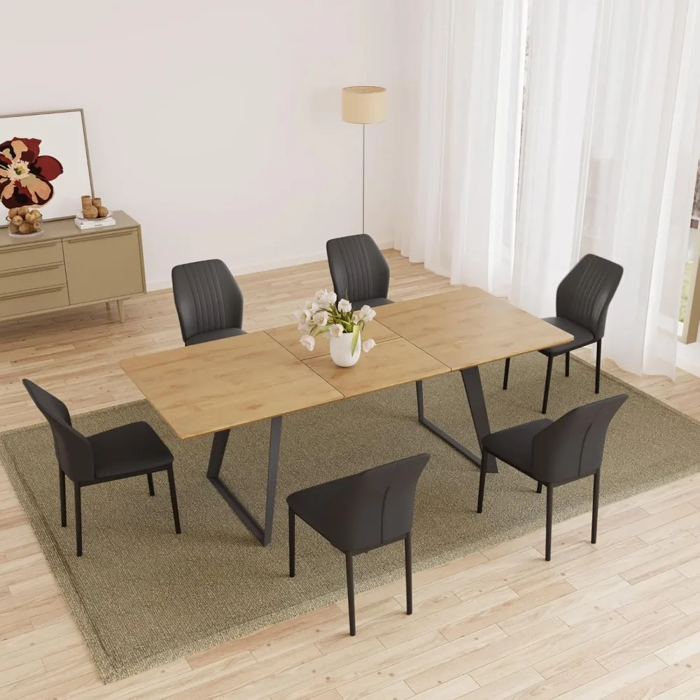 Modern Dining Table and Chair Set for 6 Rectangular Wooden Dining Table Expandable Dining Table Space-Saving Multifunctional