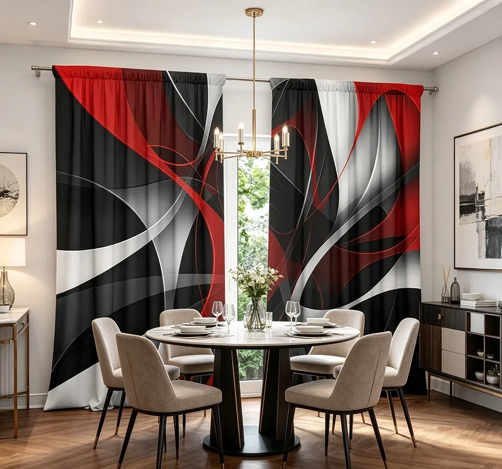 2PCS Digital Printed Curtains, Black Red Abstract Pattern, Artistic Pattern Window Drapes for Living Room Bedroom Decor