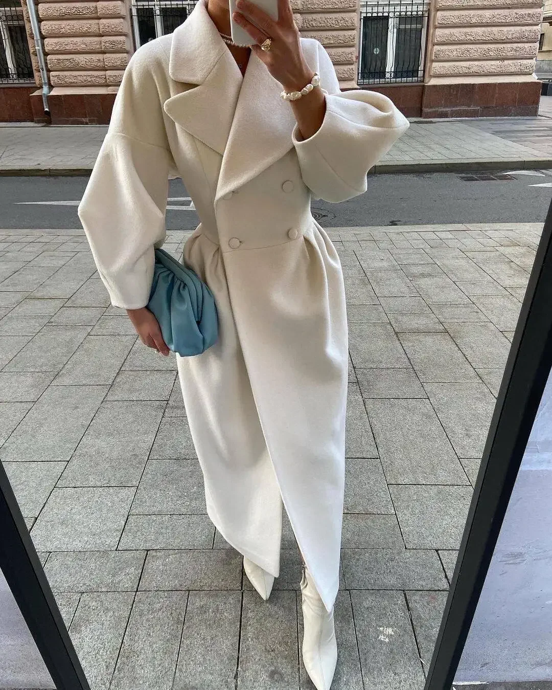 2024 Spring Solid Lapel Long Coat For Women Elegant V-Neck Puff Sleeve Overcoats Female High Waist Chic Ladies Pockets Outerwear