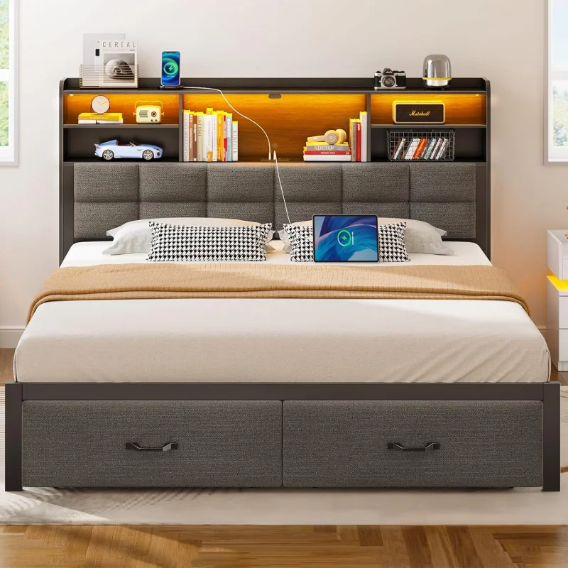 Rolanstar Frame Full Size Drawers Charging Station,Upholstered Platform Bed with Storage Headboard and LED Light,He