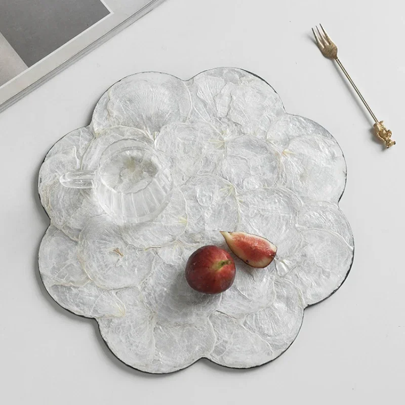 AhunderJiaz Light Luxury Natural Shell Tray Dining Table Insulating Mat Desktop Organizer Flower Trimmed Decorative Placemats