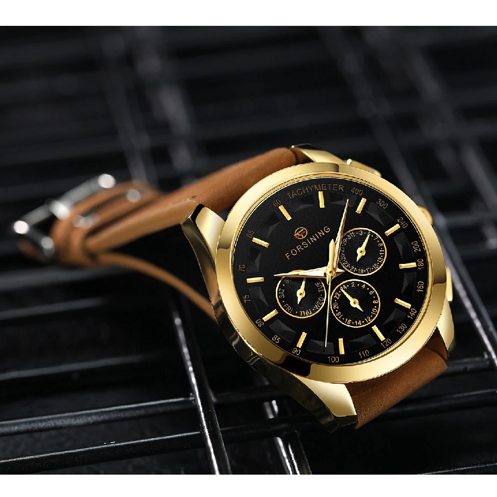 FORSINING Sports Automatic Mechanical Men Wrist Watch Luminous Analog Auto Day Date 24h Suede Leather Strap Business Male Clock