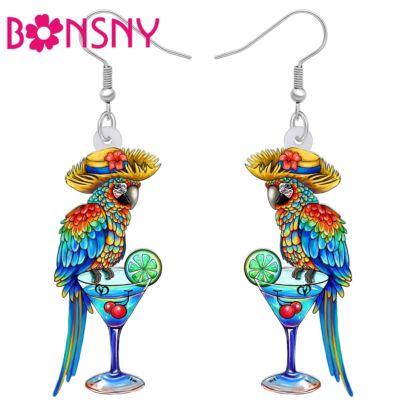 BONSNY Acrylic Hawaii Wine Cup Macaws Earrings Drop Dangle Fun Hat Parrot Bird Jewelry Gifts Party Decor For Women Girls Kids