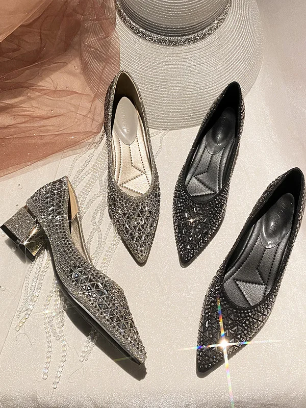 Elegant Pointed Toe Chunky Heel Women's Single Shoes Water Diamond Evening Shoes High Heel Large Size Women's Shoes 4143