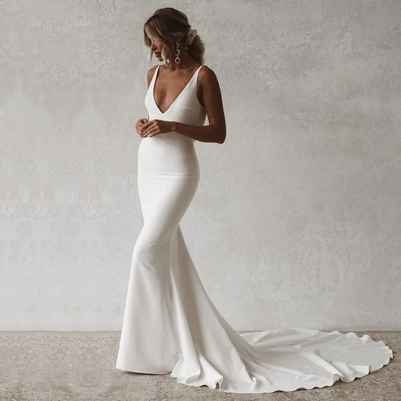 Simple and Sexy Deep V-neck Open Back Long Train Pure White Bridal Wedding Dress.(023)