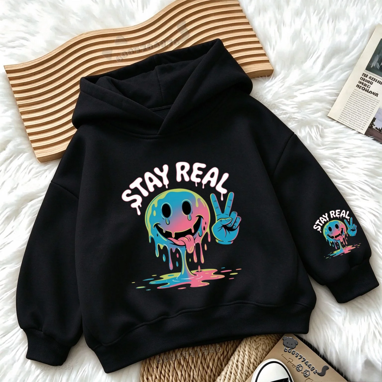 Kids Hoodie Melting Smiley Stay Real Letter Print Long Sleeve PulloverSweatshirtSoft Breathable Autumn Winter Casual Hooded Tops