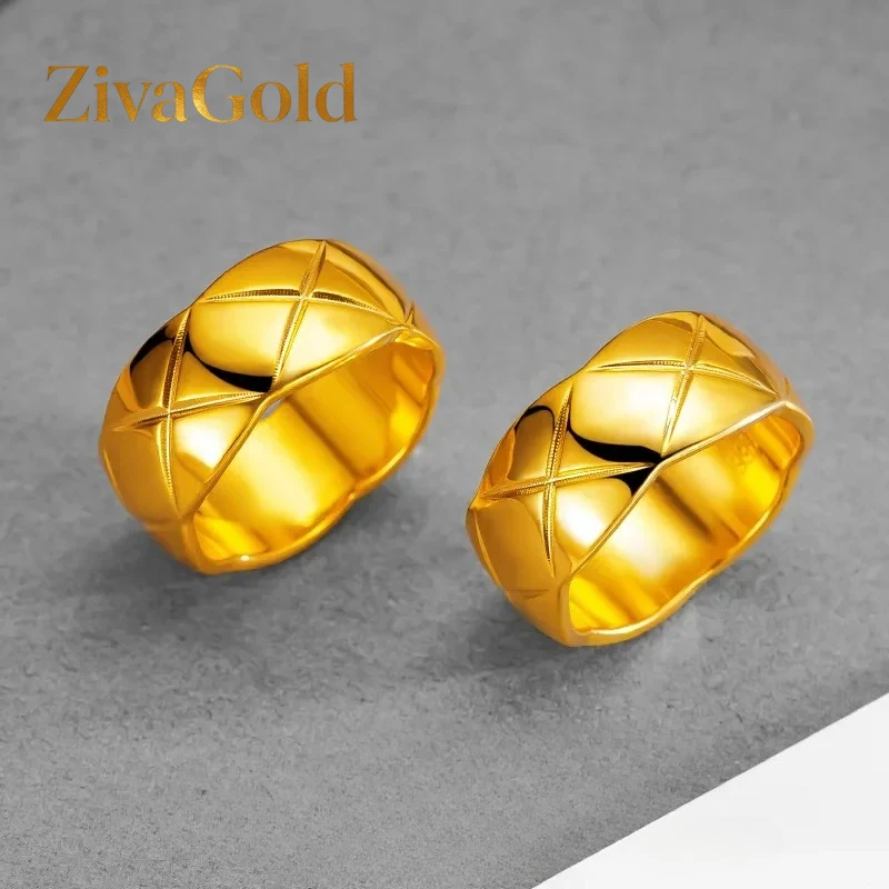 

ZivaGold 9999 24K real gold European and American simple fashion rings for women ins rings for women classic diamond pattern