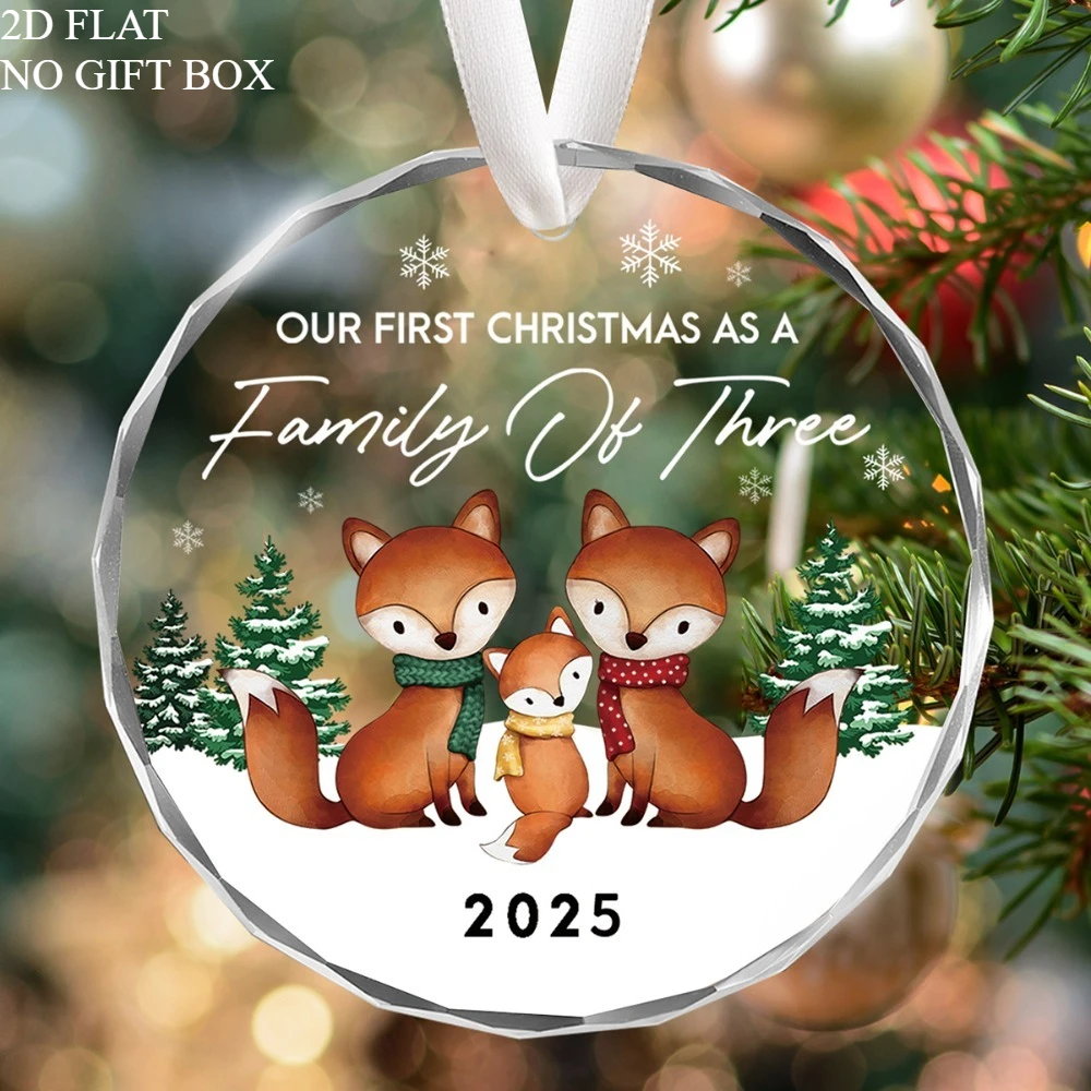 مسطح ثنائي الأبعاد، 1 كريستال ثلاثي الأجيال للعائلة أول زينة عيد الميلاد - تذكار كروي شفاف 8.0 سم مع عائلة الثعلب