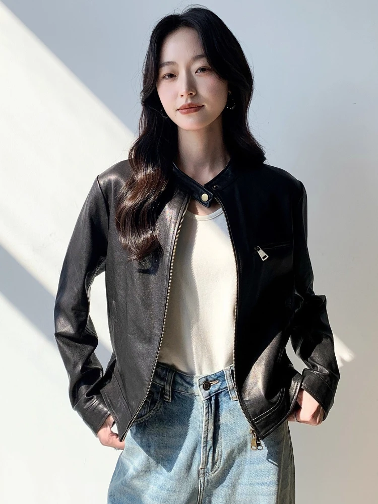 Giacche da moto casual corte in vera pelle da donna primavera autunno colletto alla coreana semplice di fascia alta morbido cappotto in vera pelle di pecora nera