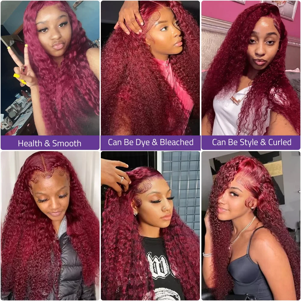 30 36 بوصة HD الدانتيل الشفاف 200% الكثافة 13x6 الدانتيل الأمامي 99j بورجوندي قبل قطعها الملونة موجة عميقة أمامي باروكة من شعر طبيعي