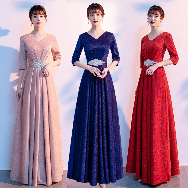 

Ele Red Chorus Performance Gown Женское платье для ведущего Conductor Dr Banquet Student Вечернее платье Корейский Sle Long Sve V-Ne