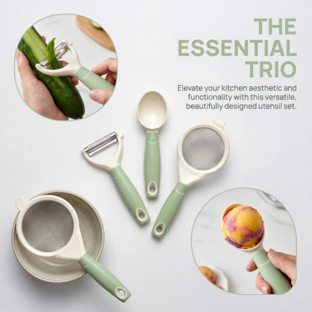 Ins‑style Natural Wheat Fiber Kitchenware 3‑Piece Set, Flour Sieve, Peeler, Ice Cream Scoop