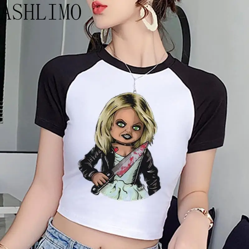 Crop Top Anime Horror Chucky Harajuku Graphic Women Summer Tshirt Funny Cartoon Y2k Korean T-shirt Casual Streetwear Graphic Top