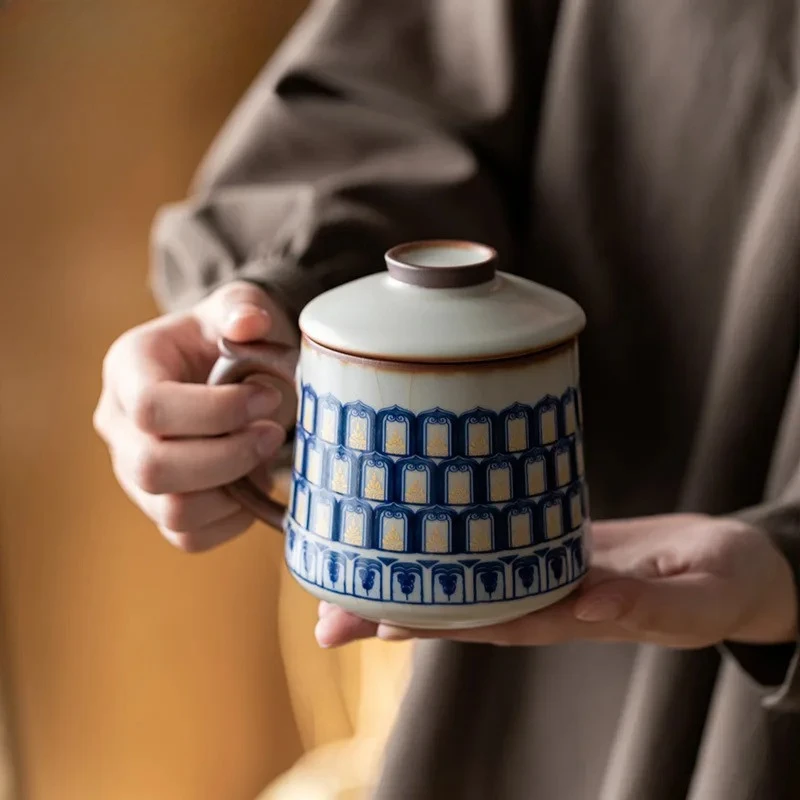 

400ml Ru Kiln Ten Thousand Buddhas Filter Tea Separator Cup Japanese Tea Mug With Infuser Household Tea Making Office Water Cup