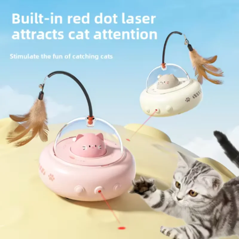 Electric UFO Smart Teaser Cat Toy with Bell Interactive Pet Teaser Stick Replaceable Feather Design for Training And Interactive
