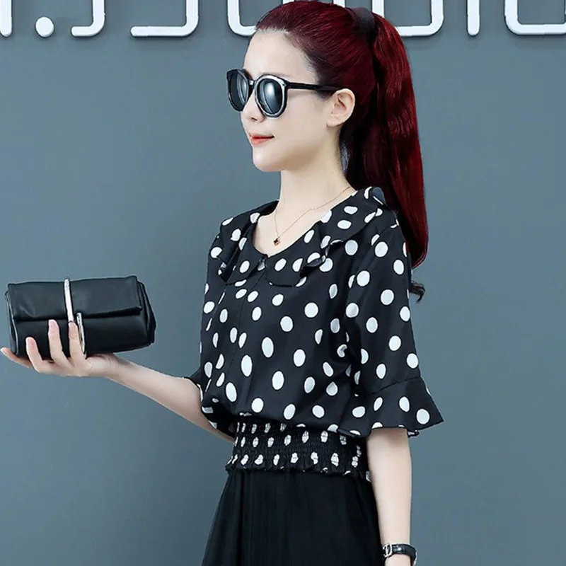 Elegant Ruffles Spliced Shirring Polka Dot Blouse Women\'s Clothing 2023 Summer New Casual Pullovers Korean Flare Sleeve Shirt