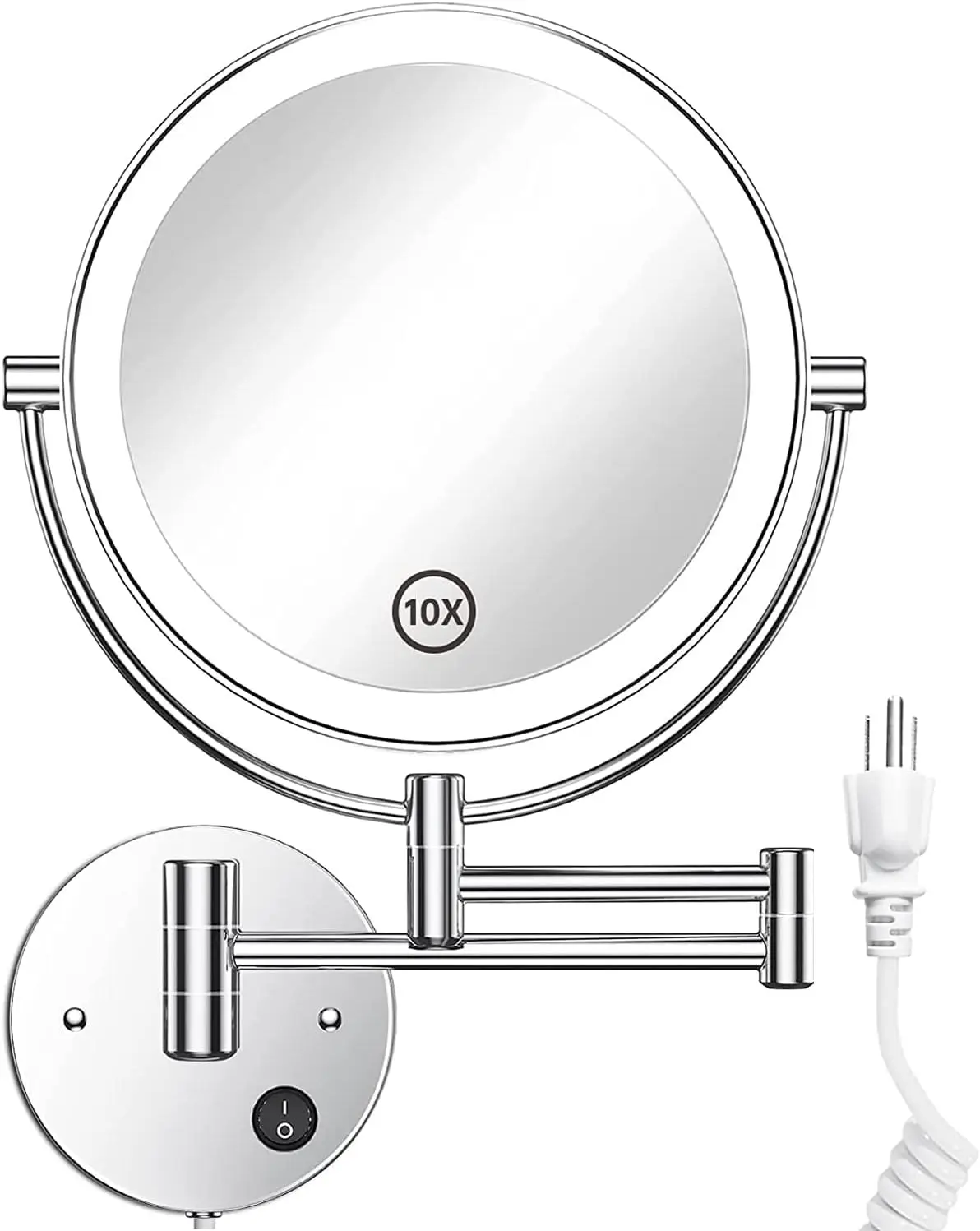 8.5 Inch LED Wall Mounted Makeup Mirror Round Double Sided 1X/10X Magnifying Vanity Mirror with Lights 360 Degree Swivel Lighted wall mount makeup vanity mirror with led light 8 double sided 5x magnification touch button stepless adjustable light