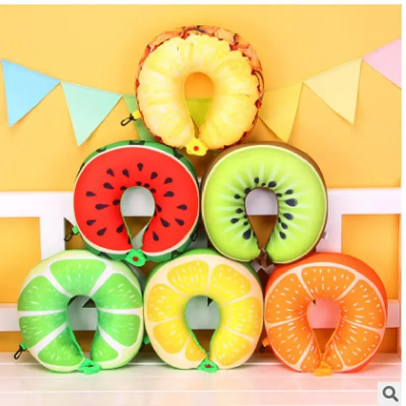 1Pc Fruit U Shaped Travel Pillow Nanoparticles Neck Support Watermelon Lemon Kiwi Orange Car Cushion Soft Comfort