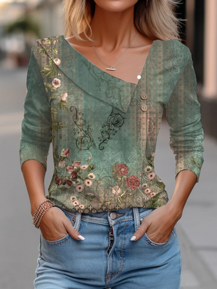 T Shirt For Women Fashion Long Sleeve Top White Floral Print Shirts And Blouses 3D Print Clothes For Women 2024 y2k