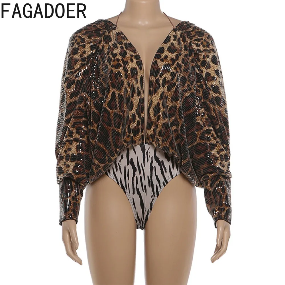 FAGADOER Sexy Leopard Print Patchwork Bodycon Rompers Women Deep V-neck Long Sleeves Jumpsuits Female Streetwear Overalls New