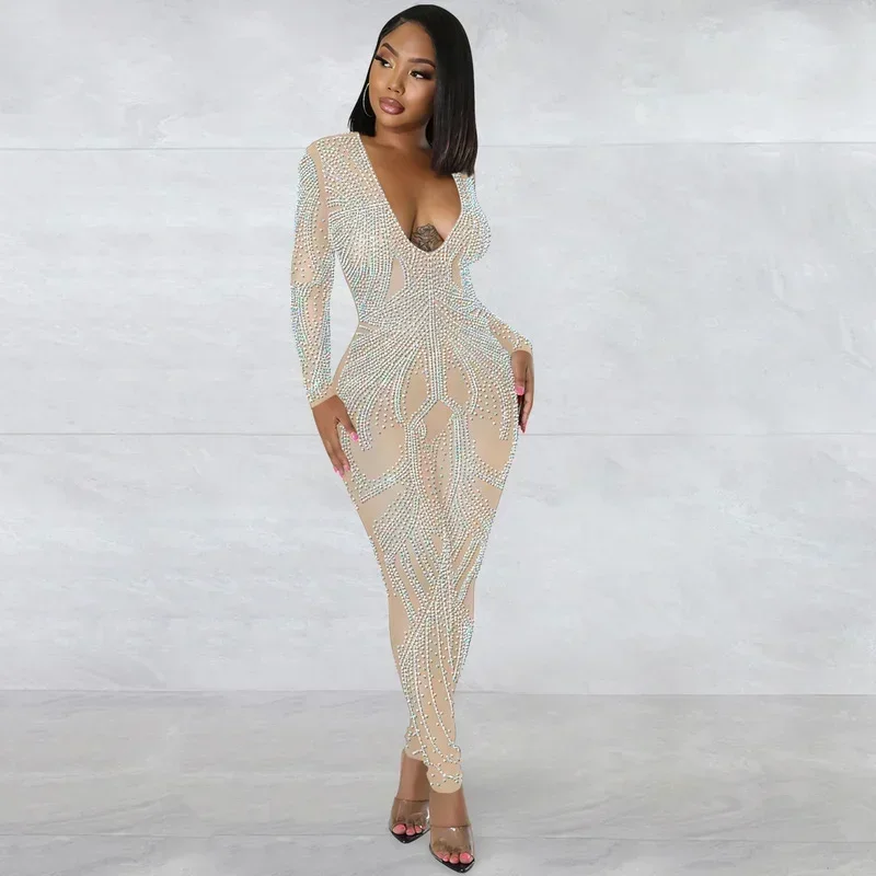 GUWU Hot Rhinestones Women Long Sleeve Deep V-neck Bodycon Skinny Jumpsuit 2024 Sexy Club Party Prom Diamonds Long Pants